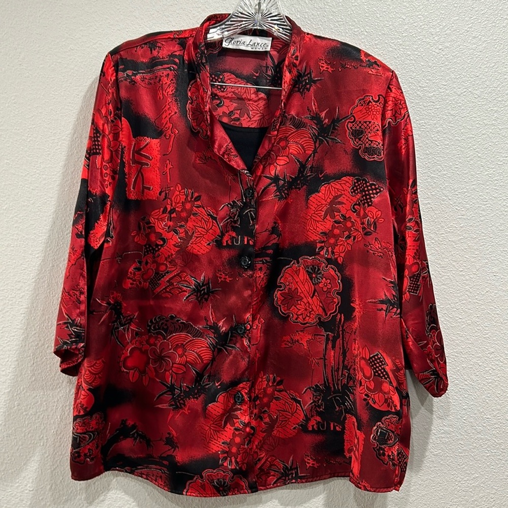 Gloria Lance Red Floral JapaneseLayered Look Top SZ 2XL